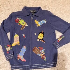 Terazzo Western Boots Women Small Cardigan Sweater Zip Cowboy Sequin-beaded